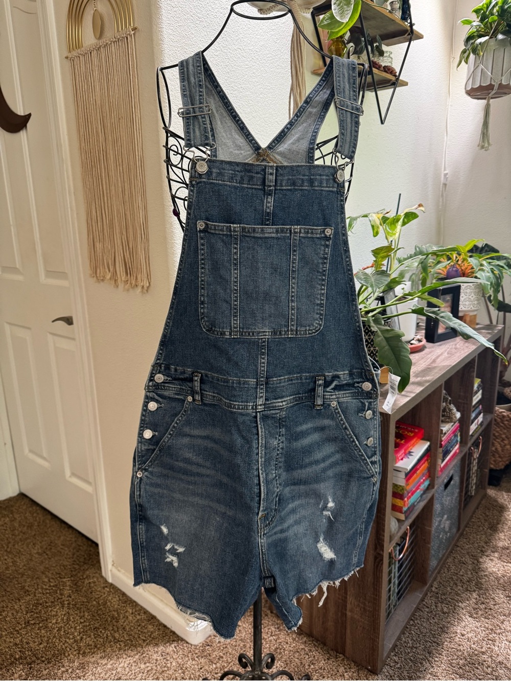 Abercrombie & Fitch Women's Distressed Blue Denim Short Overalls